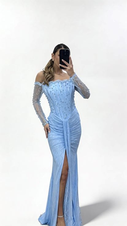 Bebe Mavi İnci İşlemeli Kayık Yaka Drapeli Uzun Dantel Abiye Elbise