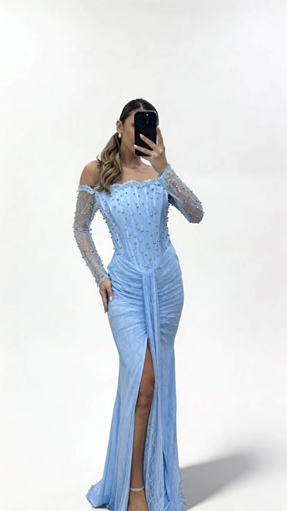 Bebe Mavi İnci İşlemeli Kayık Yaka Drapeli Uzun Dantel Abiye Elbise