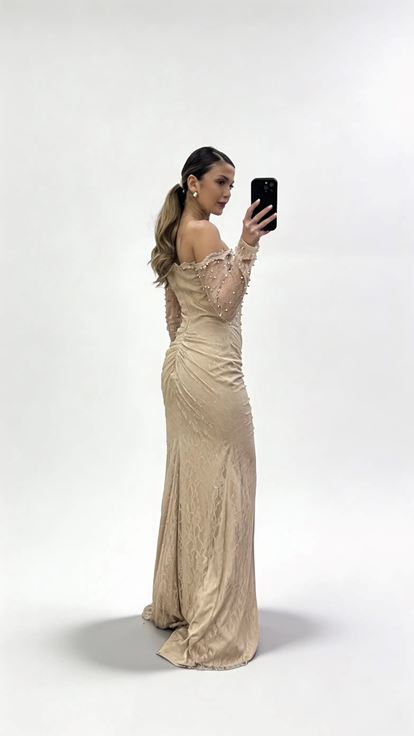 Vizon İnci İşlemeli Kayık Yaka Drapeli Uzun Dantel Abiye Elbise