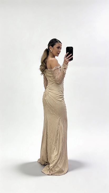 Vizon İnci İşlemeli Kayık Yaka Drapeli Uzun Dantel Abiye Elbise