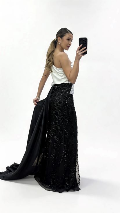 Siyah Kemik Tek Omuzlu  Payetli Tül Etekli Uzun Abiye Elbise