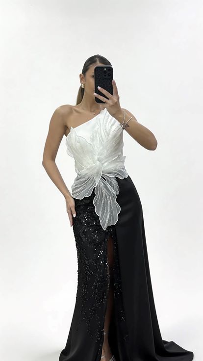 Siyah Kemik Tek Omuzlu  Payetli Tül Etekli Uzun Abiye Elbise