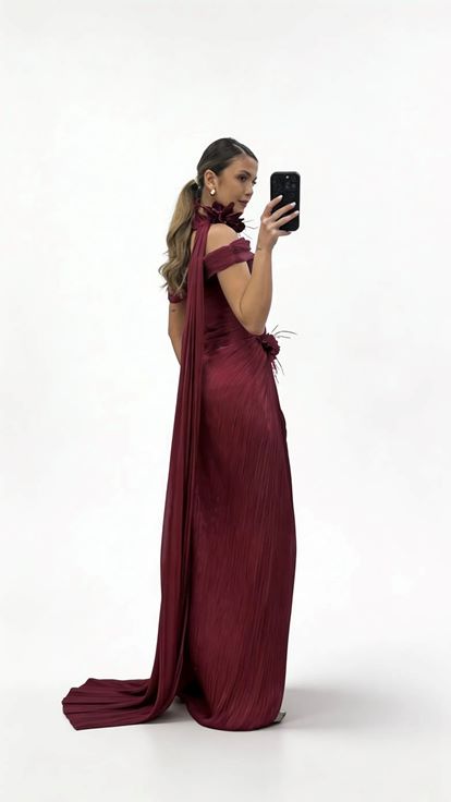 Bordo Boyun Bağlamalı Uzun Şal Detaylı Çiçek Aplikeli Piliseli Abiye Elbise