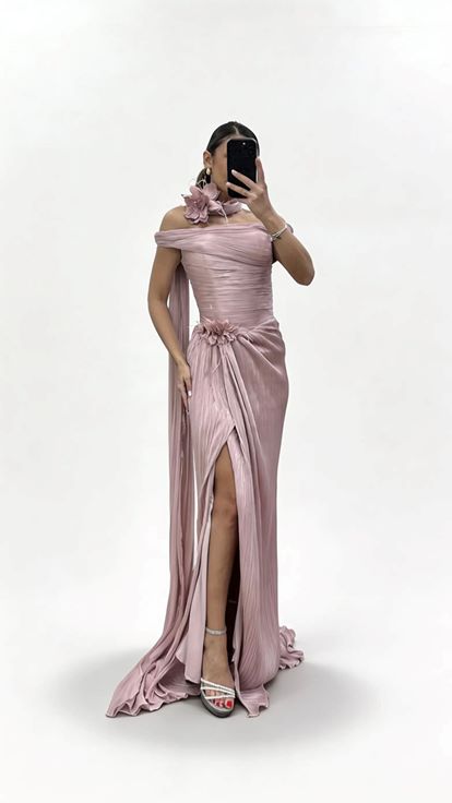 Pudra Boyun Bağlamalı Uzun Şal Detaylı Çiçek Aplikeli Piliseli Abiye Elbise