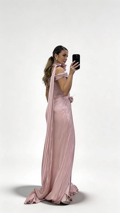 Pudra Boyun Bağlamalı Uzun Şal Detaylı Çiçek Aplikeli Piliseli Abiye Elbise