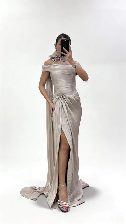 Vizon Boyun Bağlamalı Uzun Şal Detaylı Çiçek Aplikeli Piliseli Abiye Elbise