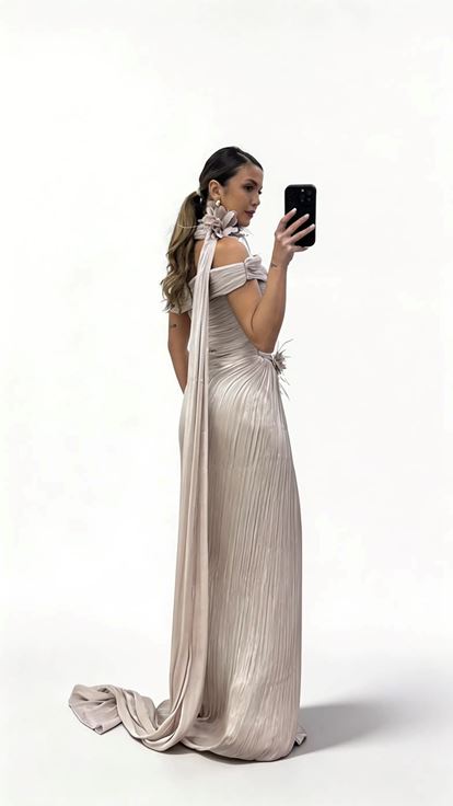 Vizon Boyun Bağlamalı Uzun Şal Detaylı Çiçek Aplikeli Piliseli Abiye Elbise