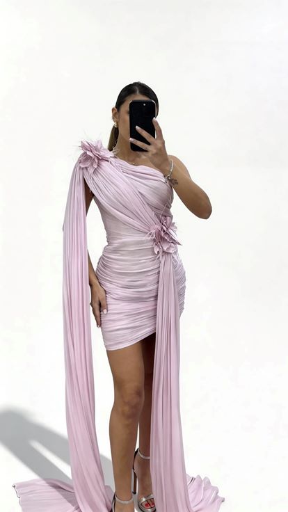 Pembe Omuz Ve Bel Çiçek Detaylı Tek Omuz Drapeli Abiye Elbise