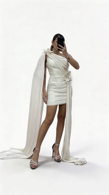 Cremefarbenes  asymmetrisches Abendkleid mit Drapierung und floralen Details an Schulter und Taille