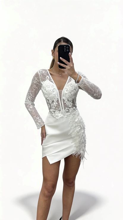 Kemik Dantel Ve Tüy Detaylı Mini Abiye Elbise