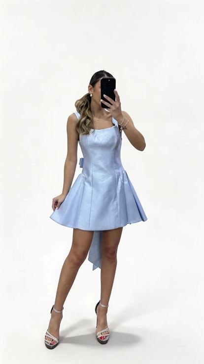 Mavi Kalın Askılı Kare Yaka  A Kesim Kısa Abiye Elbise