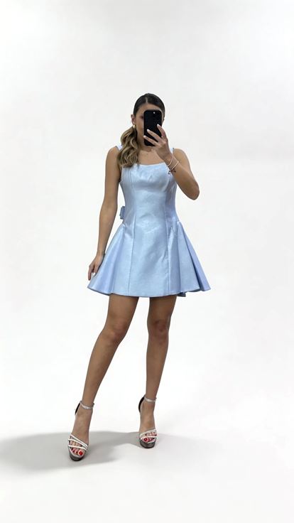 Mavi Kalın Askılı Kare Yaka  A Kesim Kısa Abiye Elbise