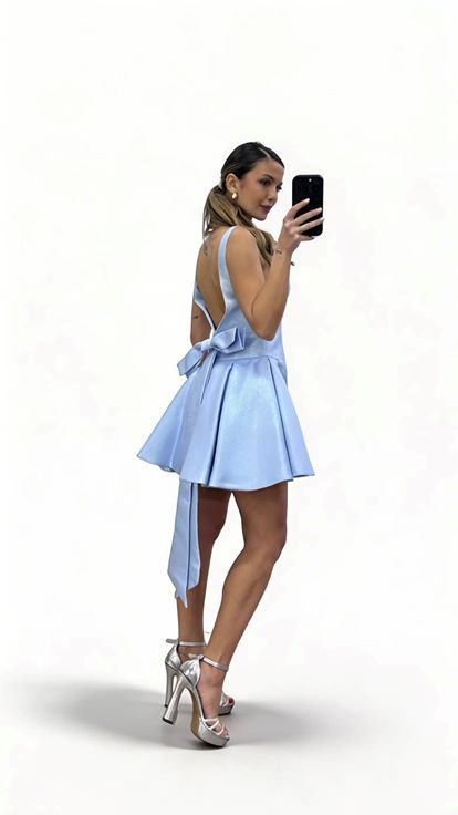 Mavi Kalın Askılı Kare Yaka  A Kesim Kısa Abiye Elbise