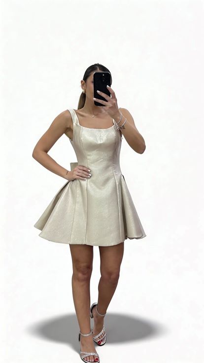 Kurzes  hautfarbenes Abendkleid mit breiten Trägern  eckigem Ausschnitt und A Linien Schnitt