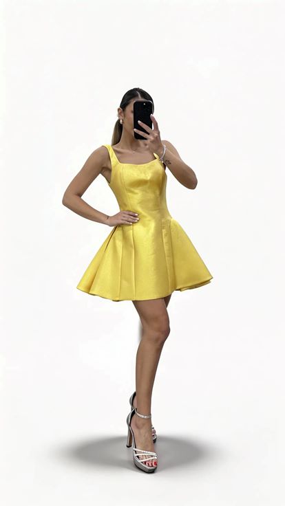 Sarı Kalın Askılı Kare Yaka  A Kesim Kısa Abiye Elbise