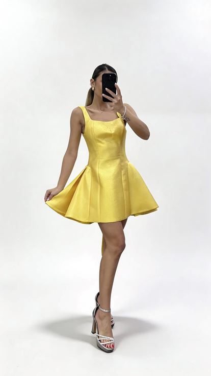 Sarı Kalın Askılı Kare Yaka  A Kesim Kısa Abiye Elbise