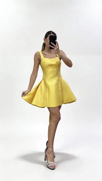 Sarı Kalın Askılı Kare Yaka  A Kesim Kısa Abiye Elbise