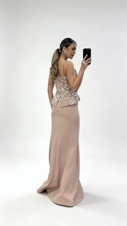 Vizon İnci Askılı Boncuk İşlemeli Balık Model Abiye Elbise