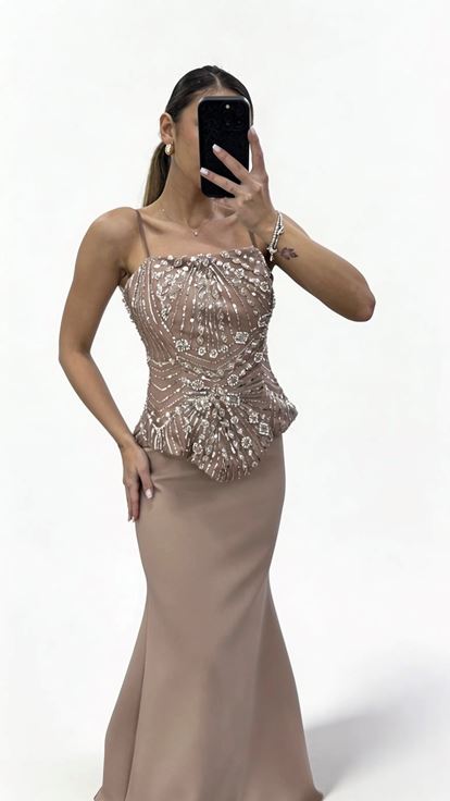 Vizon İnci Askılı Boncuk İşlemeli Balık Model Abiye Elbise