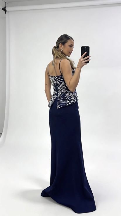 Lacivert İnci Askılı Boncuk İşlemeli Balık Model Abiye Elbise