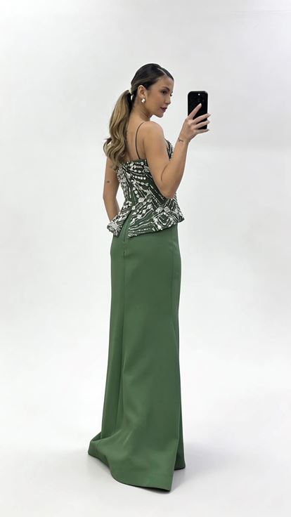 Haki İnci Askılı Boncuk İşlemeli Balık Model Abiye Elbise