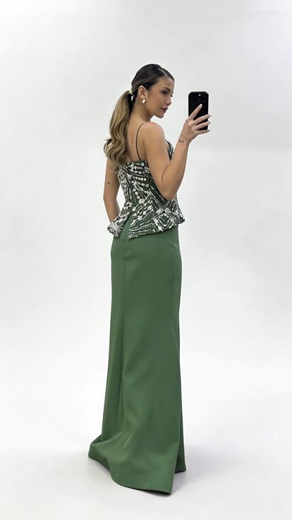 Haki İnci Askılı Boncuk İşlemeli Balık Model Abiye Elbise