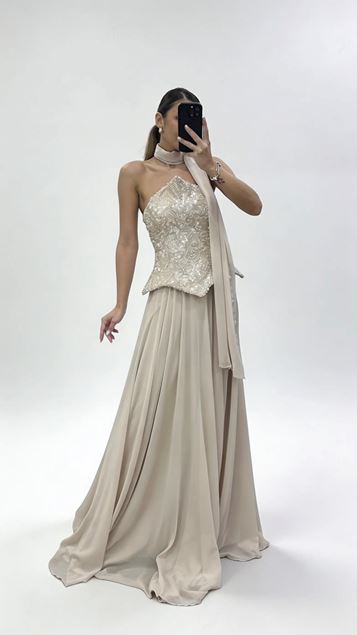 Taş İnci İşlemeli Straplez Şifon Abiye Elbise