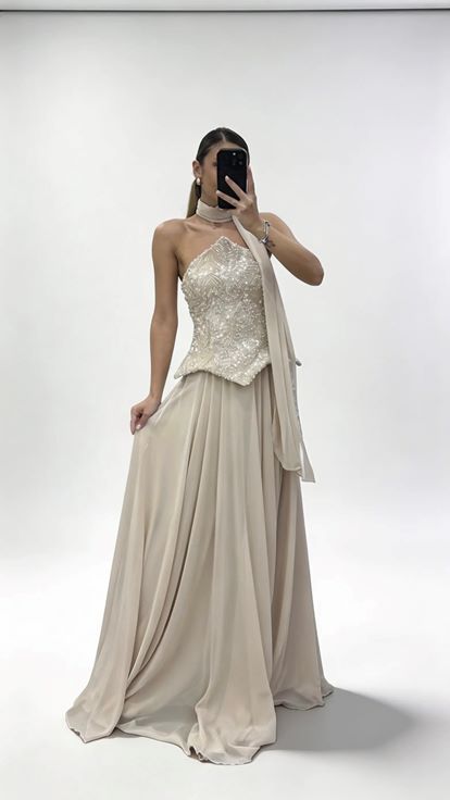 Taş İnci İşlemeli Straplez Şifon Abiye Elbise