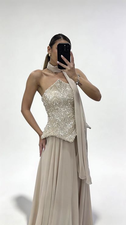 Taş İnci İşlemeli Straplez Şifon Abiye Elbise