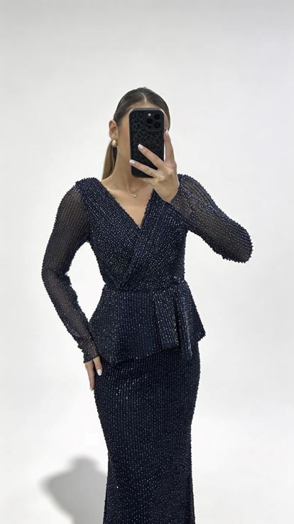 Lacivert V Yaka Peplum Taş İşlemeli Uzun Kollu Abiye Elbise