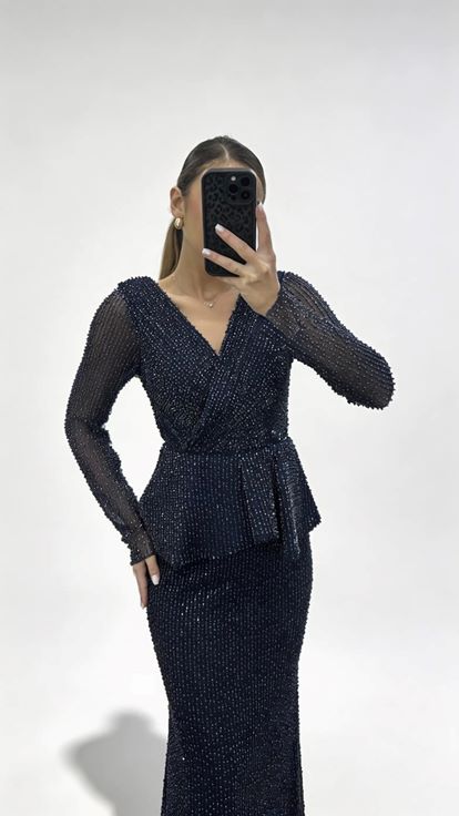 Lacivert V Yaka Peplum Taş İşlemeli Uzun Kollu Abiye Elbise