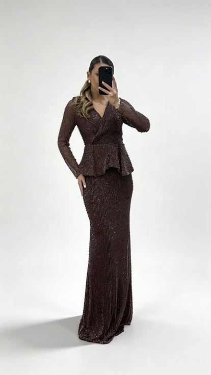 Kahverengi V Yaka Peplum Taş İşlemeli Uzun Kollu Abiye Elbise