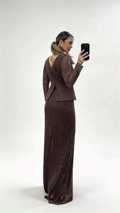 Kahverengi V Yaka Peplum Taş İşlemeli Uzun Kollu Abiye Elbise