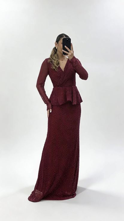 Bordo V Yaka Peplum Taş İşlemeli Uzun Kollu Abiye Elbise