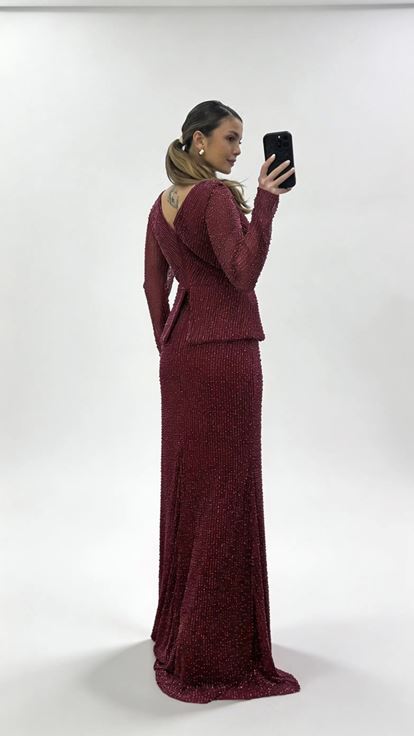 Bordo V Yaka Peplum Taş İşlemeli Uzun Kollu Abiye Elbise