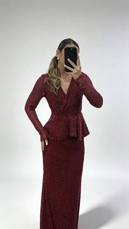 Bordo V Yaka Peplum Taş İşlemeli Uzun Kollu Abiye Elbise
