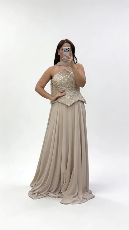 فستان سهرة شيفون بدون حمالات مزين بالأحجار واللؤلؤ، بمقاسات كبيرة