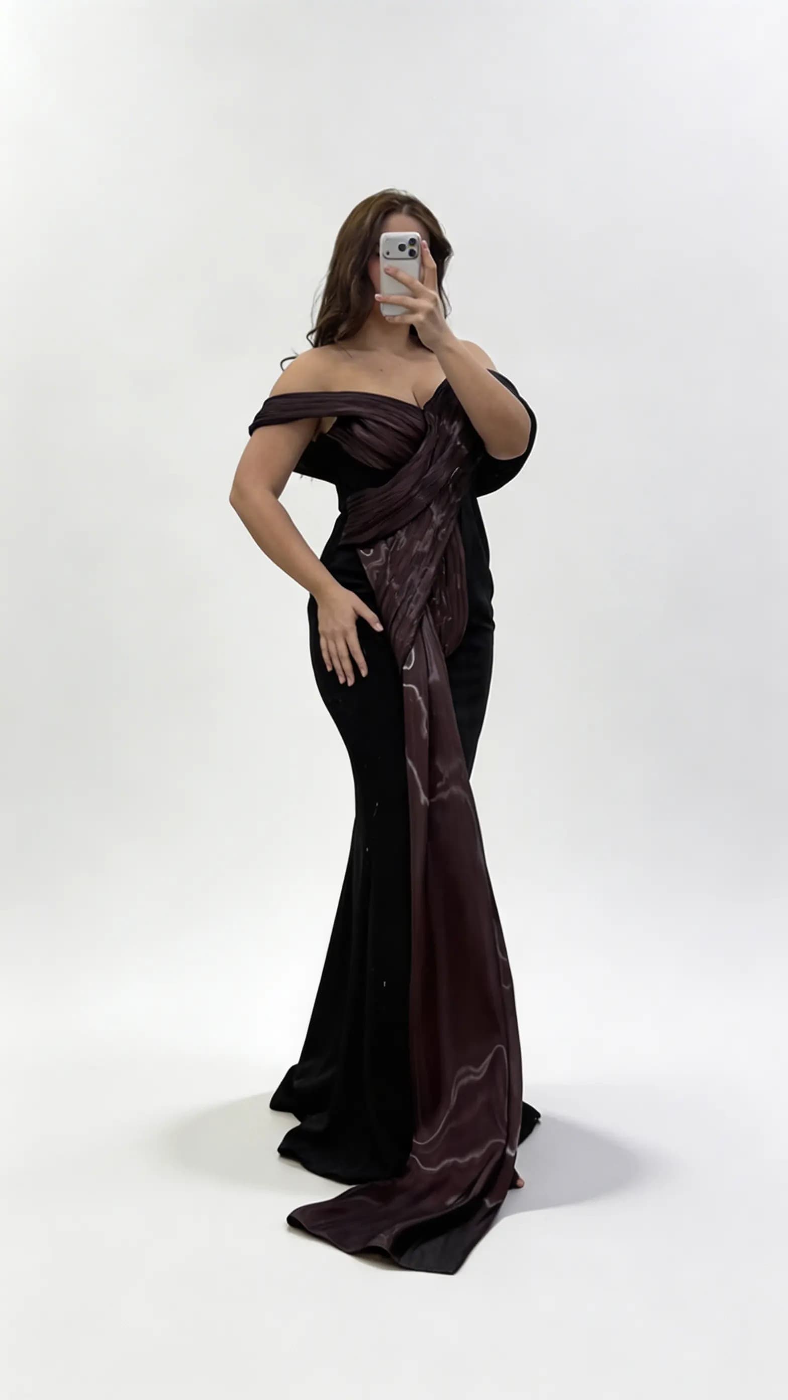 Black And Burgundy Draped Off Shoulder Plus Size Evening Dress With Shawl  Detail