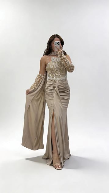 Gold Plus Size Evening Dress with Shawl Tie Up Neckline and Draped Skirt