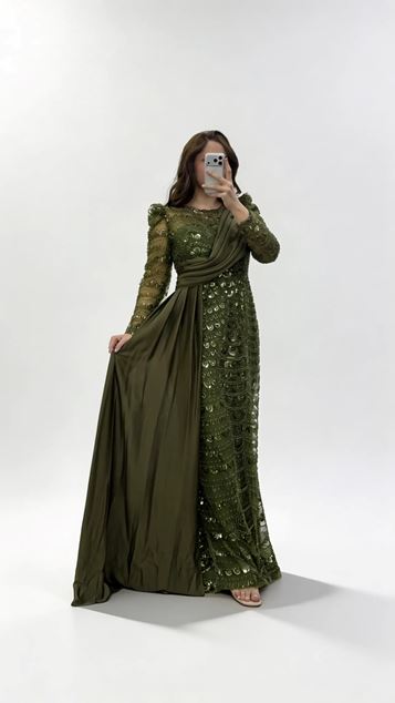 Khaki Cross Chiffon Shawl Detail Sequin Plus Size Evening Dress