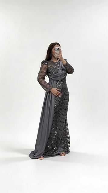Anthracite Cross Chiffon Shawl Detail Sequin Plus Size Evening Dress
