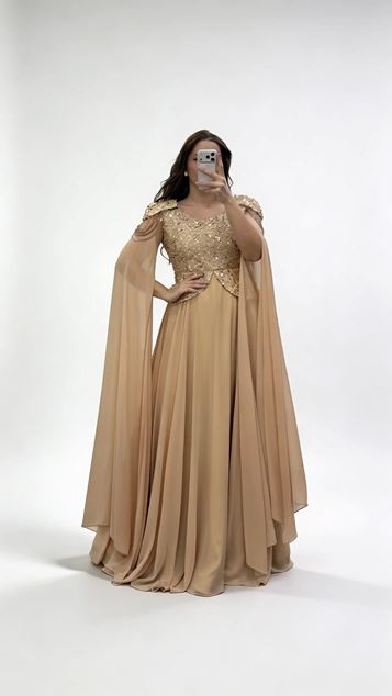 Gold Sequin Embellished Cape Sleeve Plus Size Evening Dress