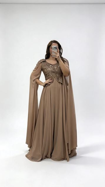 Braunes Paillettenkleid mit Cape Ärmeln in Übergröße