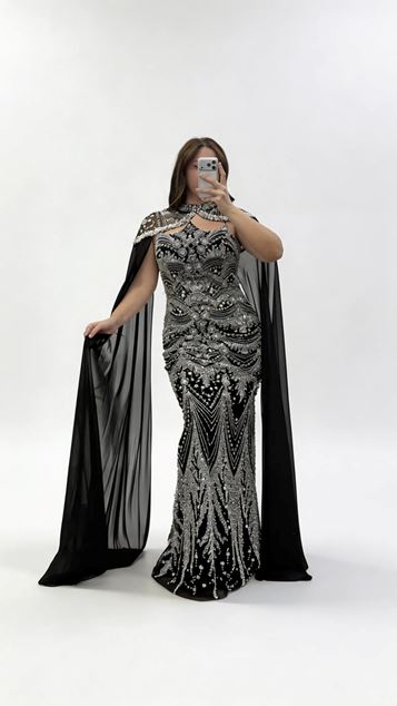 Black Long Cape Asymmetrical Strapless Plus Size Evening Dress