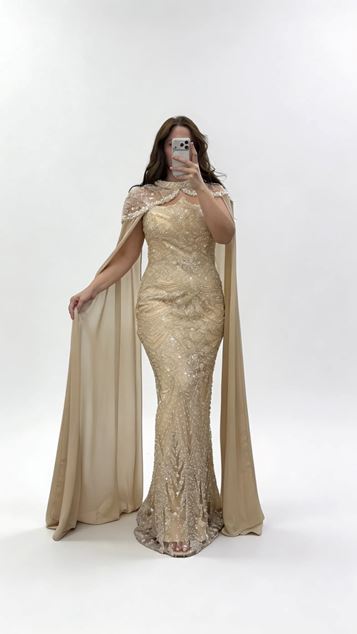 Gold Long Cape Asymmetrical Strapless Plus Size Evening Dress