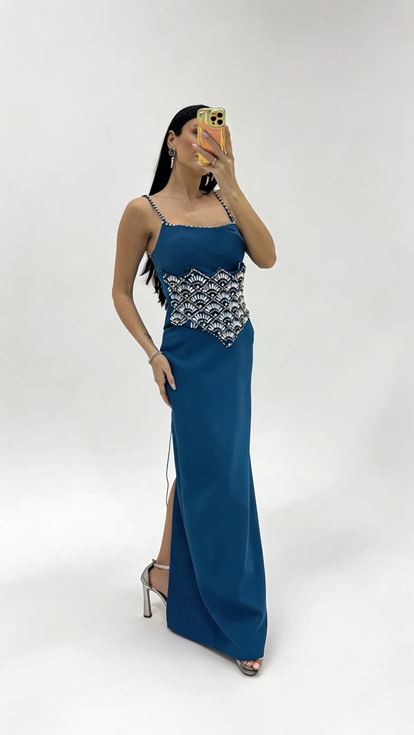 Robe de Soirée Bleu Pétrole à Bretelles Belden Kristal Brodé