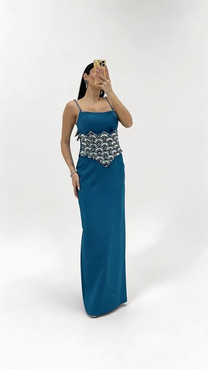 Robe de Soirée Bleu Pétrole à Bretelles Belden Kristal Brodé