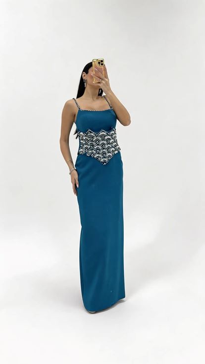 Robe de Soirée Bleu Pétrole à Bretelles Belden Kristal Brodé
