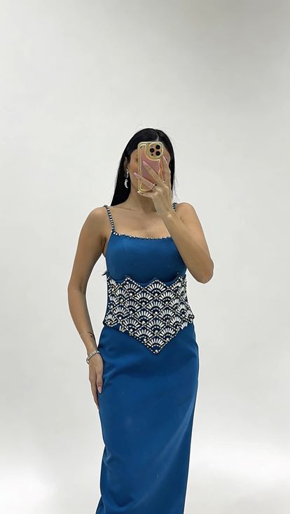 Robe de Soirée Bleu Pétrole à Bretelles Belden Kristal Brodé