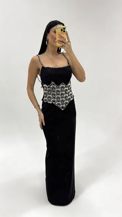 Black Strappy Evening Dress with Crystal Embellishments at the Waist